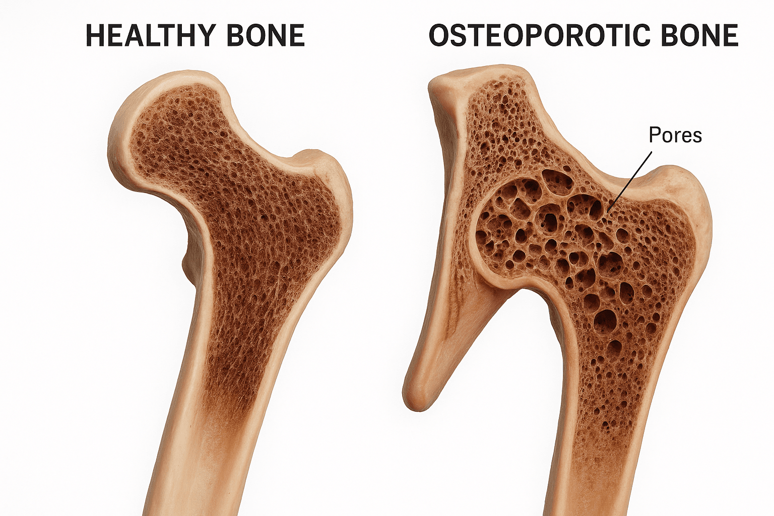 Comparison of healthy bone structure versus osteoporotic bone showing increased pores and reduced density.