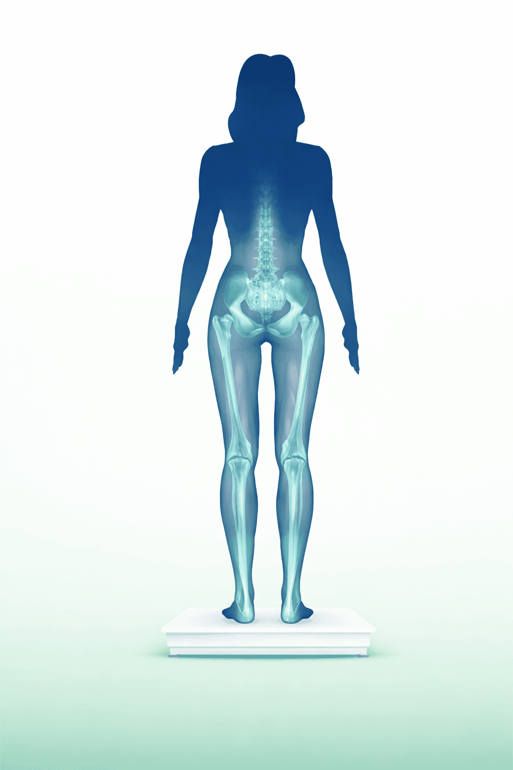 image1 Female skeletal system illustration showing how low intensity vibration therapy affects the entire body, with highlighted spine and hip areas most vulnerable to osteoporotic fractures.