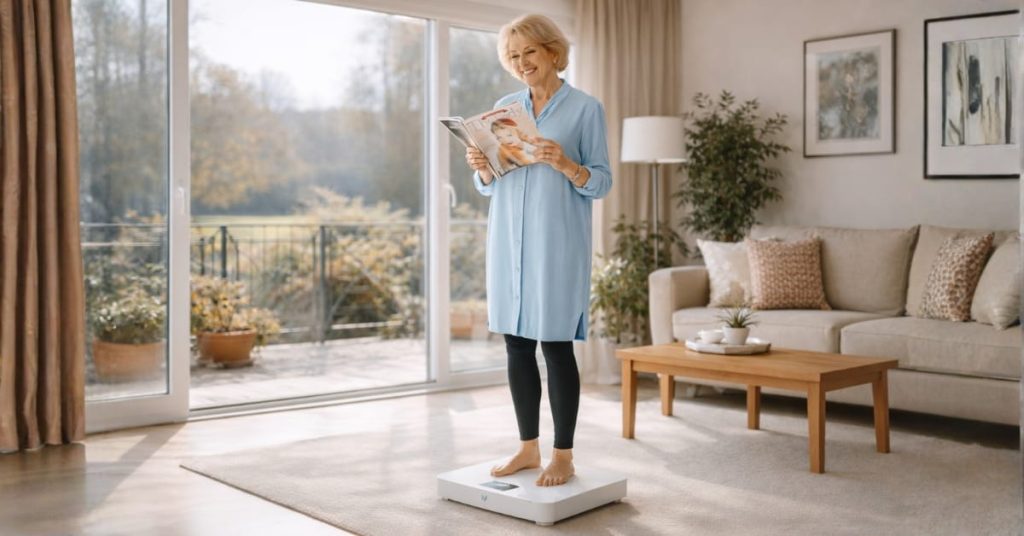 elderly women supporting bone health by standing on Marodyne LiV 
